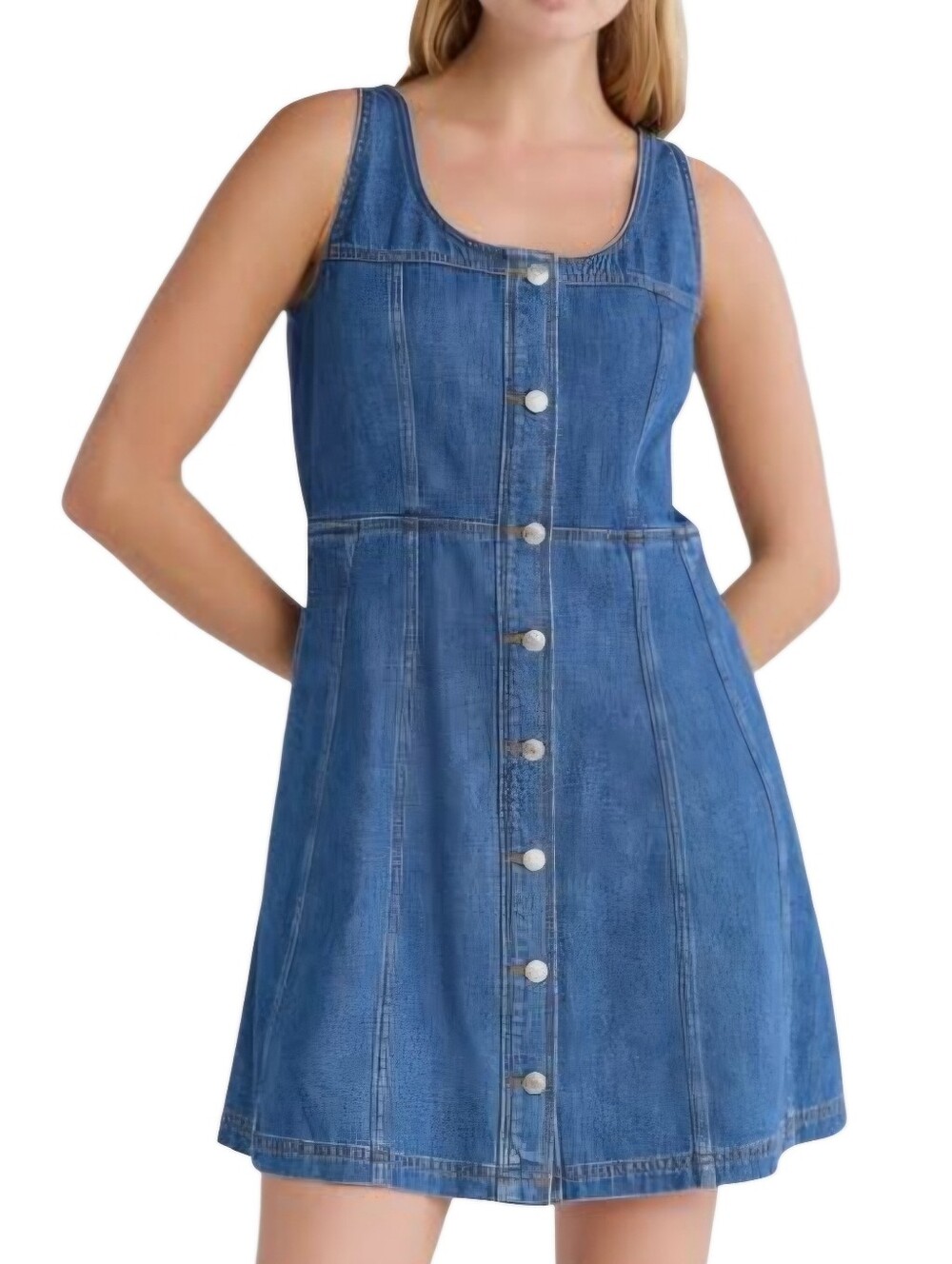 0136 Free Assembly Denim Button Front Mini Dress Fit & Flare Sleeveless Small